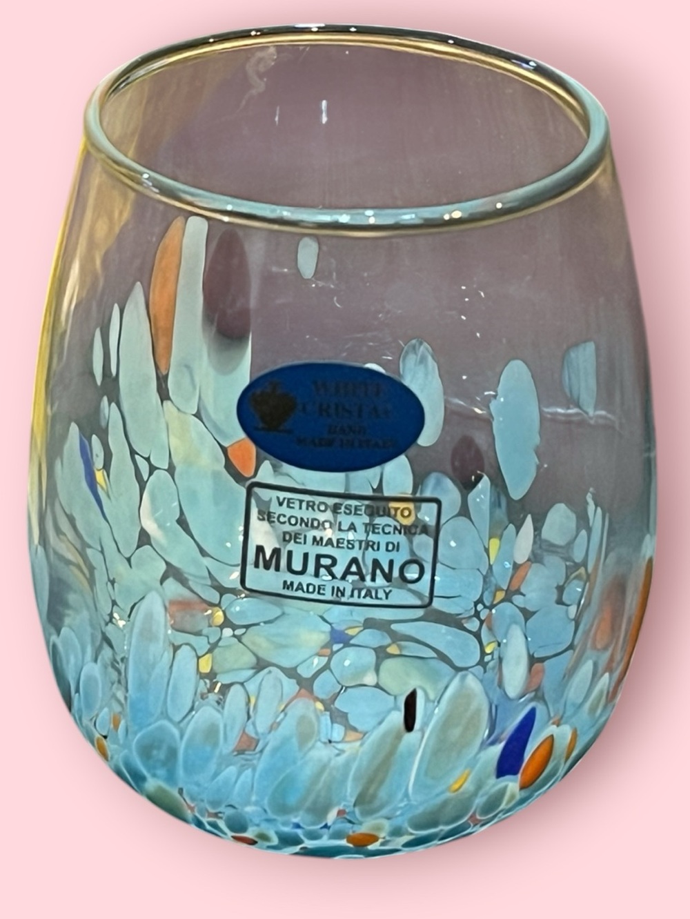 Murano Cristal White Stemless Wine Glasses (Blue Confetti) Set Of 3 - Picture 4 of 5